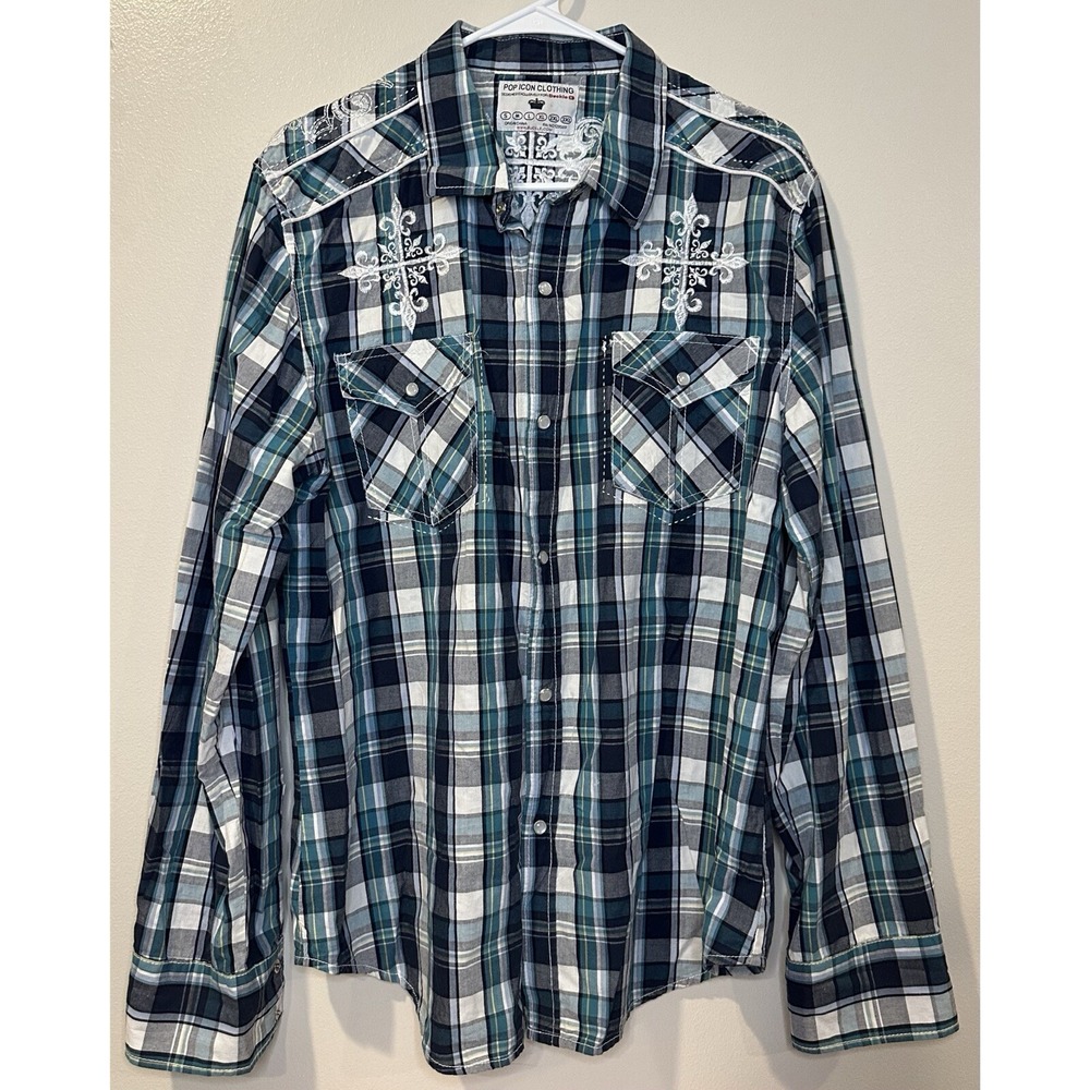 Pop Icon Men's Embroidered Pearl Snap Button Down‎ Size XL *BUCKLE EXCLUSIVE